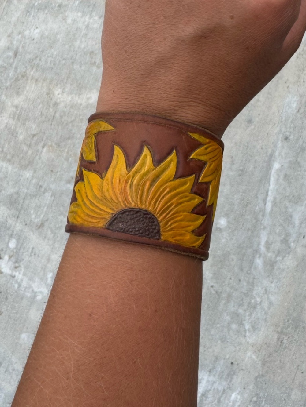 Handmade Leather Sunflower Cuff Bracelet - Yellow Brown